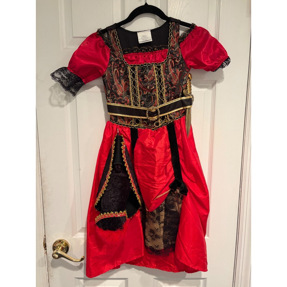 Teetot & Company Girls Pirate Costume Dress Hat Dagger Red Gold Black Size 7-8